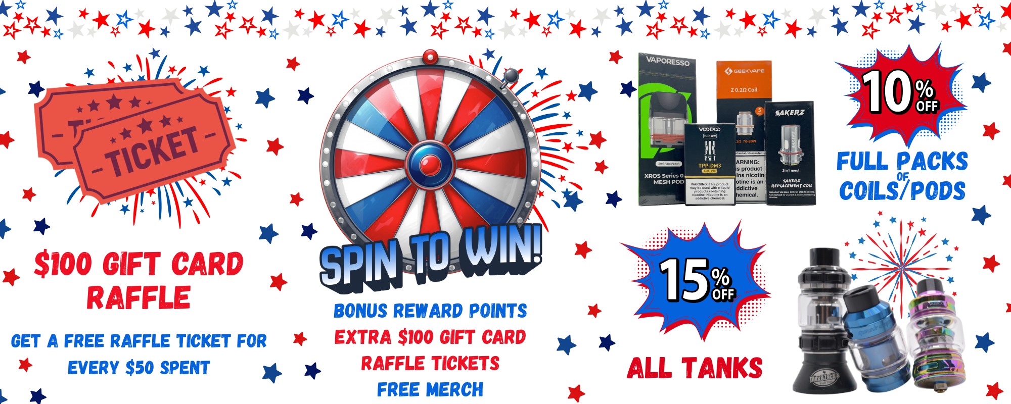raffle, wheel, tanks, coils